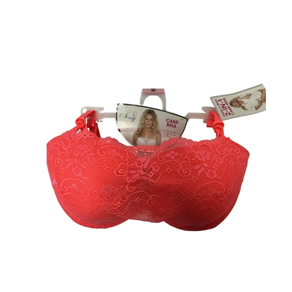 Smart & Sexy Peek-A-Boo 2-In-1 Cami Bra Electric Coral Lace Push-Up 38D SA317